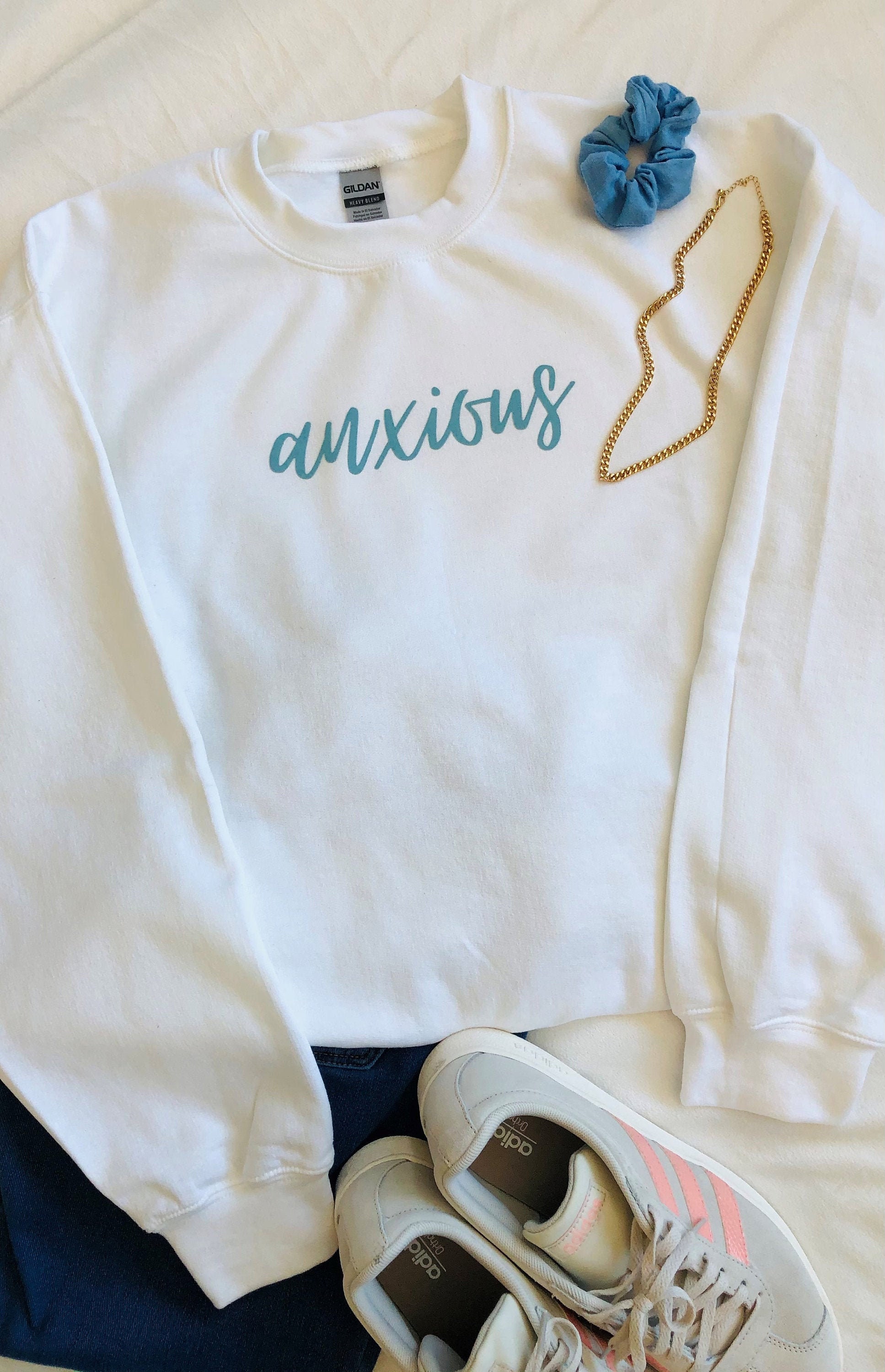 Anxious sweatshirt, inhale, exhale, anxiety, white sweatshirt, mental health awareness