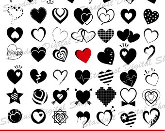 May include: A set of 40 black and white heart-shaped graphics, including various designs such as hearts with arrows, hearts with swirls, hearts with polka dots, and hearts with a jigsaw piece design. The graphics are ideal for use in crafting projects, scrapbooking, and digital design.