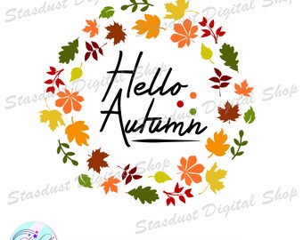 May include: A digital design featuring a wreath of colorful autumn leaves surrounding the text "Hello Autumn".