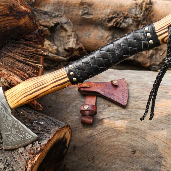 Axe, viking axe, tomahawk, hand forged, kratos axe, bearded axe, battle axe, throwing axe, hand forged axe, larp axe with Ax Sheath