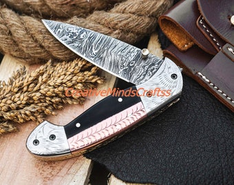 pocket knife, custom pocket knife, damascus pocket knife, damascus folding knife, bushcraft knife, personalized pocket knife, utility knife