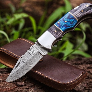 Custom Damascus steel Personalized Camping tool Groomsman Gift, valentines day gifts, Gifts For Men, Gift for Him, Outdoor Gift for Husband Blue black wood