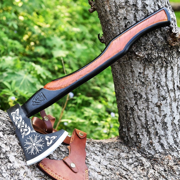 Axe, viking axe, tomahawk, kratos axe, bearded axe, battle axe, throwing axe, hand forged axe, larp axe with Ax Sheath valentines day gifts