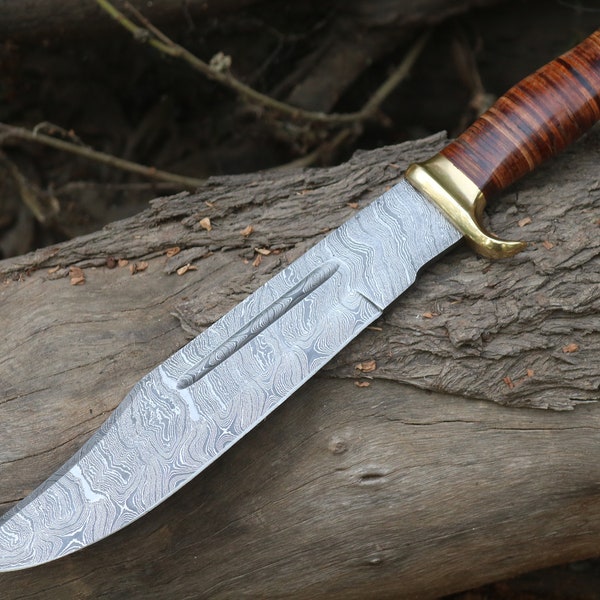 Sharp Hunting Bowie Knife mad of Damascus Steel 17" camp survival knife with leather knife Sheath, gift as groomsmen knife, Christmas gifts