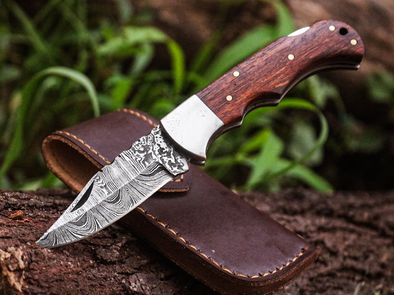 Custom Damascus steel Personalized Camping tool Groomsman Gift, valentines day gifts, Gifts For Men, Gift for Him, Outdoor Gift for Husband Brown Wood handle