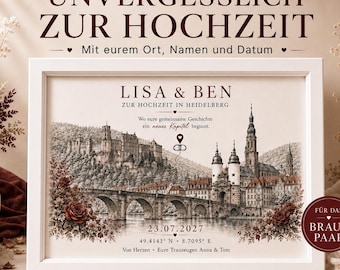 Personalisiertes Hochzeitsgeschenk  Stadtbild vom Hochzeitsort mit Namen, Datum & Koordinaten Geldgeschenk fürs Brautpaar