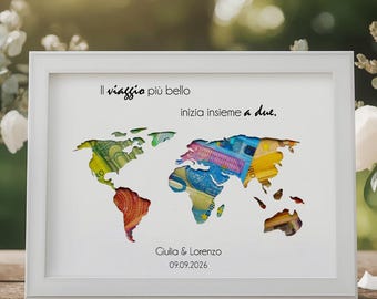 Cornice Portafoto Mappa Del Mondo Per Regali Di Denaro - In Legno, 17x23 Cm, Per Viaggi, Anniversari - Foto 1