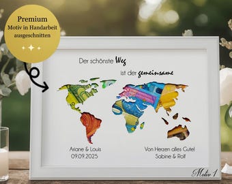Personalized Wedding Money Gift: Framed World Map, Custom Couple Names