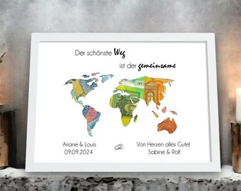Personalisiertes Geldgeschenk zur Hochzeit Weltkarte in DinA4/A3
