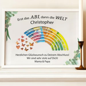 Handgemachtes Geldgeschenk zur Abifeier – cartão personalizado com nome e enfeite