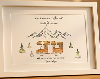 Geschenk zum Ruhestand personalisiert Rentengeschenk Wohnwagen Holzoptik Geldgeschenk für Rentner Campingfreunde