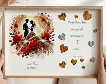 Hochzeitsgeschenk personalisiert Geldgeschenk Bilderrahmen A4 mit Blumen Motiv für Brautpaar