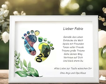 Einzigartiges Geldgeschenk Taufe personalisiert Bilderrahmen mit Namen Spruch und Symbol Kreuz Herz oder Fisch Geschenkidee Baby Patenkind