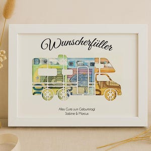 Geldgeschenk Geburtstag Wunscherfüller Wohnmobil Geschenk zum verschenken zum Geburtstag Weihnachten Geld Optional mit Bilderrahmen DinA4