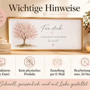 May include: A rectangular framed print featuring a watercolor cherry blossom tree on the left and German text on the right that reads F&uuml;r dich, einzigartig, besonders, wertvoll. The image includes icons for digital files, email delivery, and processing times.