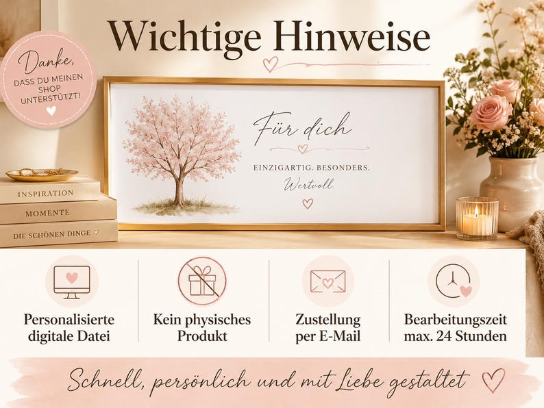 May include: A rectangular framed print featuring a watercolor cherry blossom tree on the left and German text on the right that reads F&uuml;r dich, einzigartig, besonders, wertvoll. The image includes icons for digital files, email delivery, and processing times.