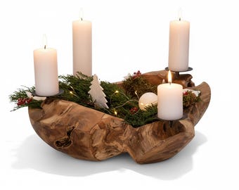 Teak Adventskranz Unikat aus Massivholz mit 4 Kerzenhaltern in Schwarz Naturkranz Weihnachten Tischdeko Durchmesser 30cm 40cm 50cm