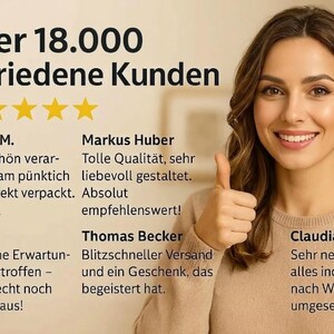 May include: A graphic featuring the text &Uuml;ber 18.000 zufriedene Kunden with five yellow stars. Below are customer testimonials from Sandra M., Markus Huber, Julia S., Thomas Becker, and Claudia F. A smiling individual is shown giving a thumbs up.