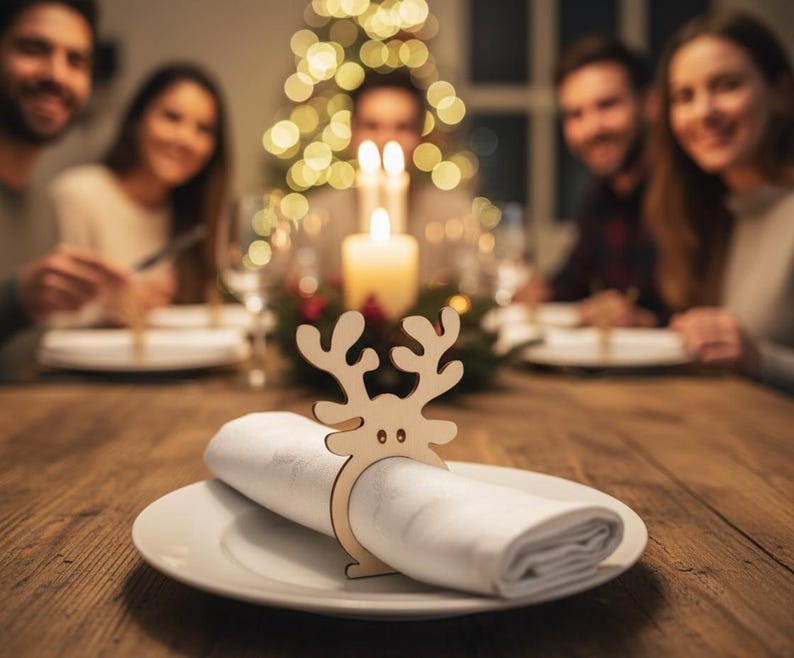 May include: A wooden reindeer napkin ring holds a rolled white napkin on a white plate. The table is made of wood and is set for a holiday meal. A Christmas tree with lights and candles are in the background.
