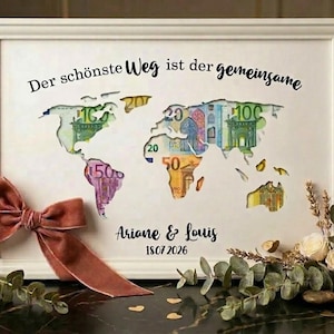 Personalisiertes Hochzeitsgeschenk Weltkarte Geldgeschenk im Bilderrahmen mit Namen und Datum zur Hochzeit