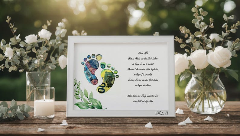 Personalisierte Geldgeschenk Idee Taufe einzigartiges Taufgeschenk mit Namen Spruch Fußabdruck Erinnerung Geschenk Junge Mädchen Motiv 3