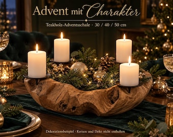 Cuenco para velas de Adviento de teca maciza, 30/40/50 cm, madera de raíz natural con cuatro portavelas negros.