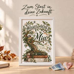 Puede incluir: Una impresión enmarcada en blanco que muestra un árbol creciendo sobre una pila de libros con el nombre Mia, el texto Wissen wächst, Und du wächst über dich hinaus, 01.05.2024, Von Mama & Papa, y el texto Zum Start in deine Zukunft arriba.