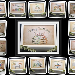 May include: A collage of 15 framed images, each featuring a different design made from colorful paper scraps. The designs include a cruise ship, a car, a cake, a palm tree, a motorcycle, a plane, and an American flag. The frames are white with a black mat.