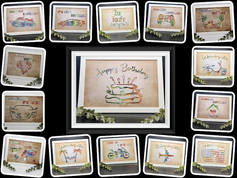 May include: A collage of 15 framed images, each featuring a different design made from colorful paper scraps. The designs include a cruise ship, a car, a cake, a palm tree, a motorcycle, a plane, and an American flag. The frames are white with a black mat.