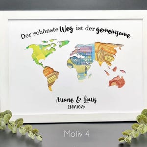 Personalisiertes Hochzeitsgeschenk Weltkarte Geldgeschenk im Bilderrahmen mit Namen und Datum zur Hochzeit