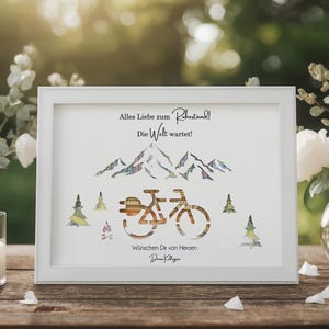Geldgeschenk Rente Ruhestand Pension personalisiert im Bilderrahmen kreative Geschenk Idee zum abschied mit vier Motiven für Kollegen E-Bike