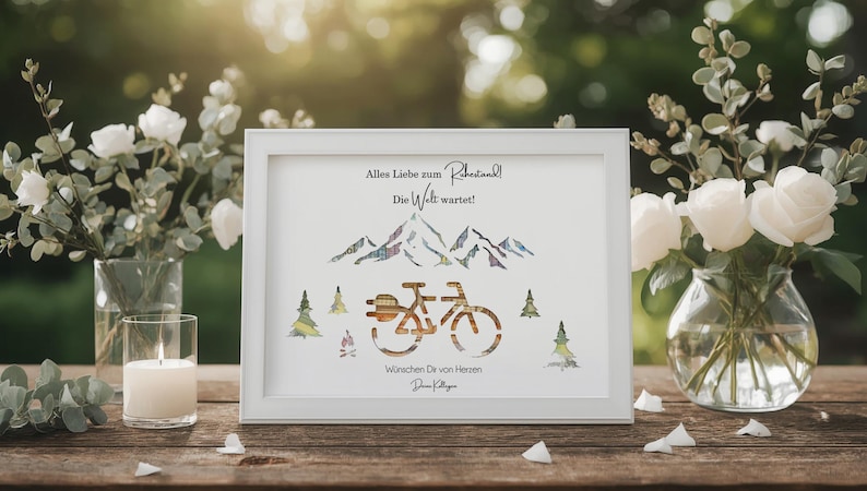 Geldgeschenk Rente Ruhestand Pension personalisiert im Bilderrahmen kreative Geschenk Idee zum abschied mit vier Motiven für Kollegen E-Bike