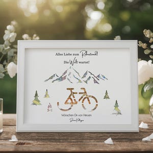Geldgeschenk Rente Ruhestand Pension personalisiert im Bilderrahmen kreative Geschenk Idee zum abschied mit vier Motiven für Kollegen Fahrrad