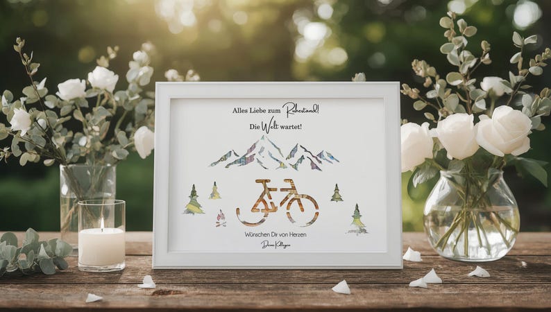 Geldgeschenk Rente Ruhestand Pension personalisiert im Bilderrahmen kreative Geschenk Idee zum abschied mit vier Motiven für Kollegen Fahrrad