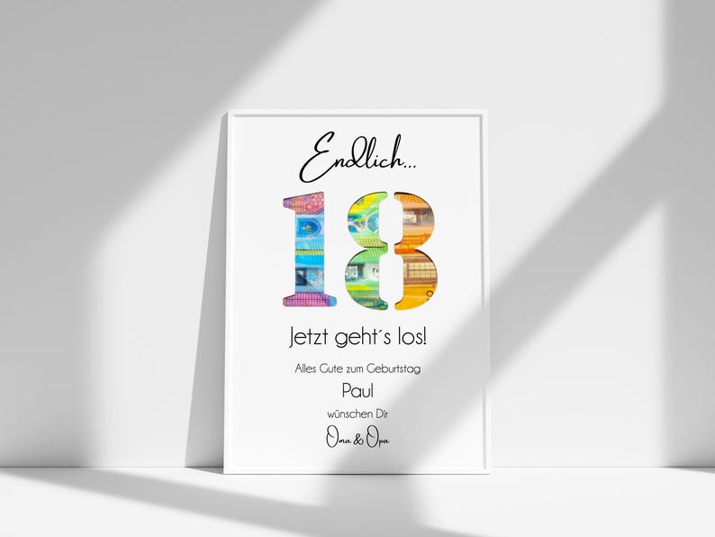Handgemachte Geldgeschenk-Verpackung zum 18. Geburtstag, personalisiert mit Namen und Datum, kreative Geschenkidee für Jugendliche und junge Erwachsene.