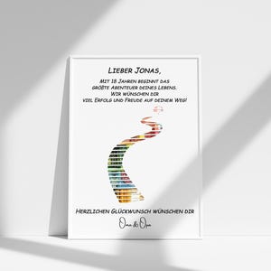 May include: A white framed print with a colorful road design and the text "Lieber Jonas, Mit 18 Jahren beginnt das gr&ouml;&szlig;te Abenteuer deines Lebens. Wir w&uuml;nschen dir viel Erfolg und Freude auf deinem Weg! Herzlichen Gl&uuml;ckwunsch w&uuml;nschen dir Oma & Opa".