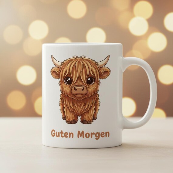 Tasse mit süßer Highland Kuh Guten Morgen Kaffeetasse Geschenkidee für Kuhliebhaber Frühstückstasse niedlich Kaffeebecher mit Motiv