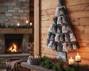 May include: A Christmas advent calendar shaped like a tree, made of gray fabric, with small numbered bags hanging from it. The calendar is mounted on a wooden wall. A shelf below holds a basket of ornaments, greenery, and candles.