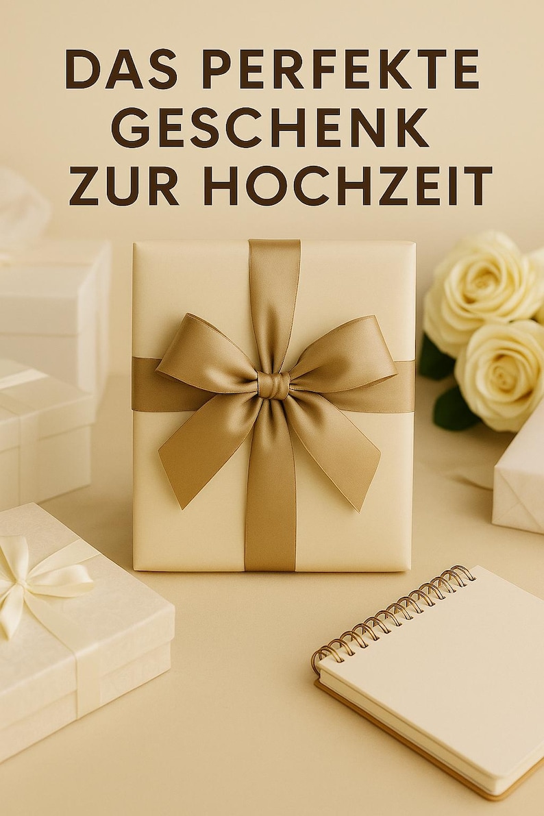 Peut inclure: Une bo&icirc;te cadeau cr&egrave;me, orn&eacute;e d'un ruban et d'un n&oelig;ud en satin dor&eacute;. Le texte "DAS PERFEKTE GESCHENK ZUR HOCHZEIT" est en haut. D'autres bo&icirc;tes cadeaux, des roses et un petit carnet sont en arri&egrave;re-plan.