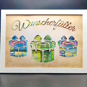 May include: A white frame with a brown background and the text "Wunschzettel" in a decorative font. Three gift boxes are cut out of the background, and each box is filled with euro bills.