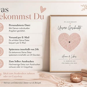 May include: A framed poster featuring a heart-shaped map with a black location marker, the text "Unsere Geschichte", "Anna & Lukas", "14. FEBRUAR 2020", and "F&Uuml;R IMMER UND EWIG". The left side lists digital file details in German with icons for a pencil, envelope, clock, and printer.