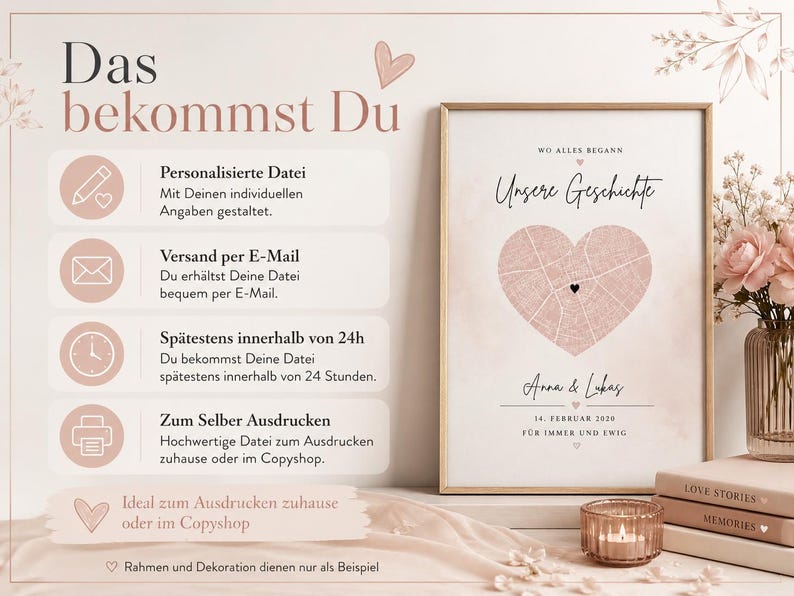 May include: A framed poster featuring a heart-shaped map with a black location marker, the text "Unsere Geschichte", "Anna & Lukas", "14. FEBRUAR 2020", and "F&Uuml;R IMMER UND EWIG". The left side lists digital file details in German with icons for a pencil, envelope, clock, and printer.
