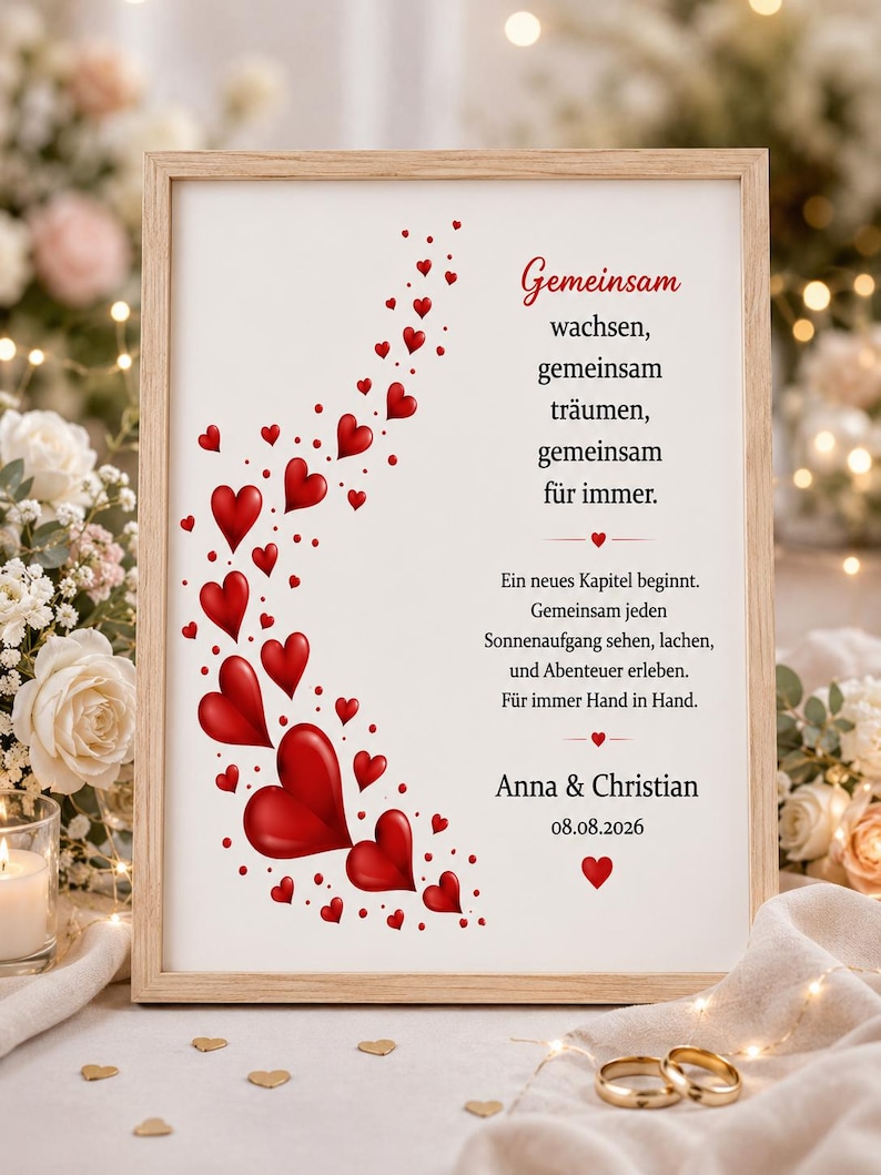 May include: A framed print with a light wood frame features a romantic design. Red hearts cascade down the left side, with text in German. The text includes the names "Anna & Christian" and the date "08.08.2026".