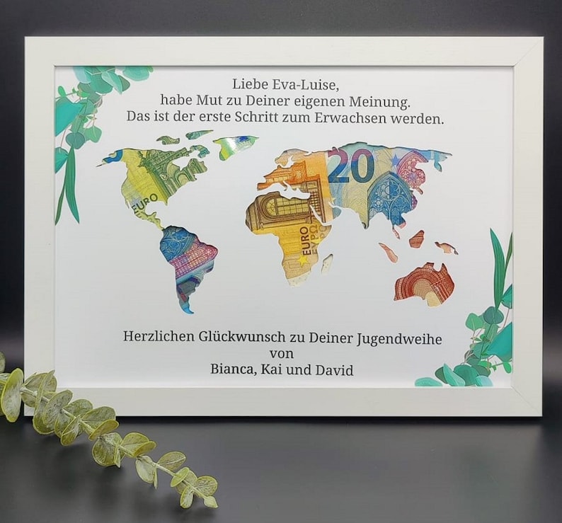 Jugendweihe Geldgeschenk Individuelles Geschenk zur Jugendweihe Konfirmation Kommunion Personalisiert mit Namen optional mit Bilderrahmen Bild 1