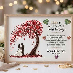 May include: A framed wedding art print features a tree with heart-shaped leaves and a couple silhouette. The print includes German text about love and commitment, with the names Anna & Christian and the date 08.08.2026.