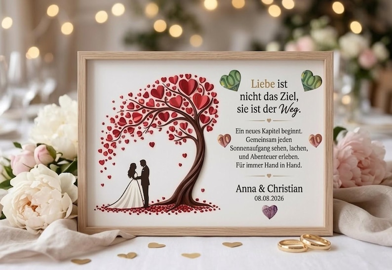May include: A framed wedding art print features a tree with heart-shaped leaves and a couple silhouette. The print includes German text about love and commitment, with the names Anna & Christian and the date 08.08.2026.