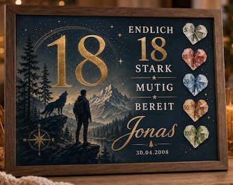 Geldgeschenk 18. Geburtstag Junge Personalisiert、Geschenk für Sohn Enkel Neffe、Endlich 18 Karte mit Rahmen oder PDF