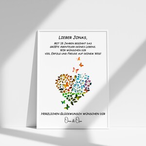 May include: A white card with a black border and a message for a 18th birthday. The message reads "Lieber Jonas, Mit 18 Jahren beginnt das gr&ouml;&szlig;te Abenteuer deines Lebens. Wir w&uuml;nschen dir viel Erfolg und Freude auf deinem Weg!"  A colorful heart made of butterflies and flowers is in the center of the card. The card is signed "Oma & Opa".