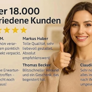 May include: A graphic display featuring the text &Uuml;ber 18.000 zufriedene Kunden, five yellow stars, and customer testimonials from Sandra M., Markus Huber, Julia S., Thomas Becker, and Claudia F., alongside a smiling person giving a thumbs up.