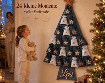 Gepersonaliseerde adventskalender van vilt met naam – kerstboom, 24 vulzakjes, 114 cm hoog